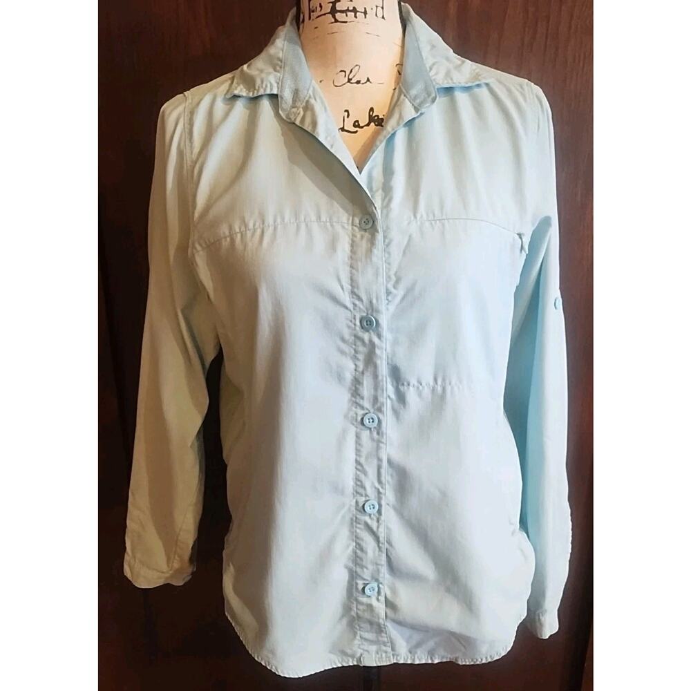 REI Button Aqua Long Sleeve Womens S Vented Pockets Fishing Camping Hike UPF 30